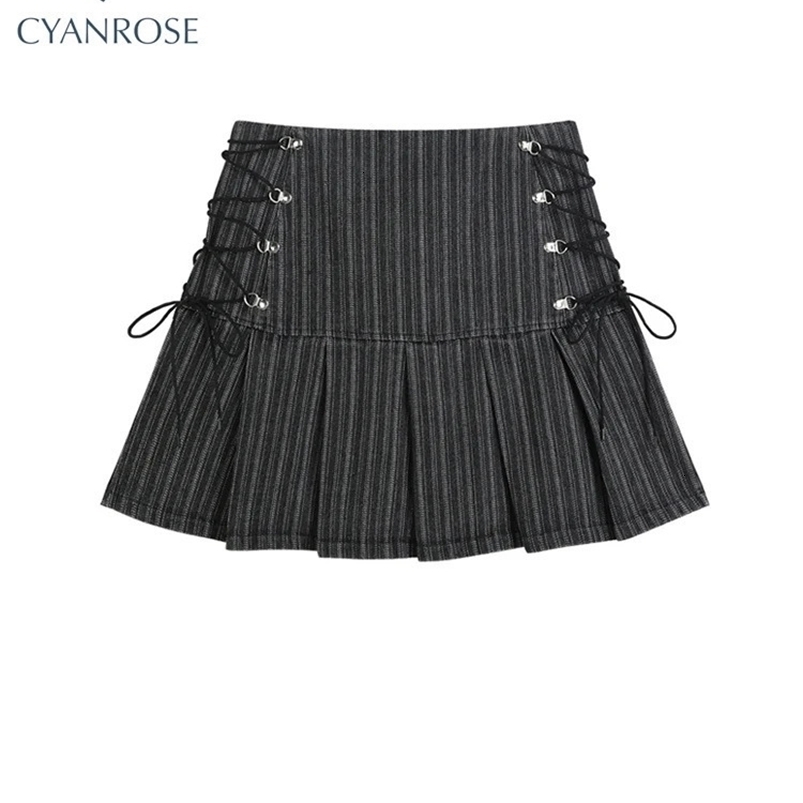 Y2k Pleated Skirt Women Sexy High Waist Grey Stripe Bandage Mini Skirts Summer A Line Skirt Vintage Harajuku Streetwar 240914