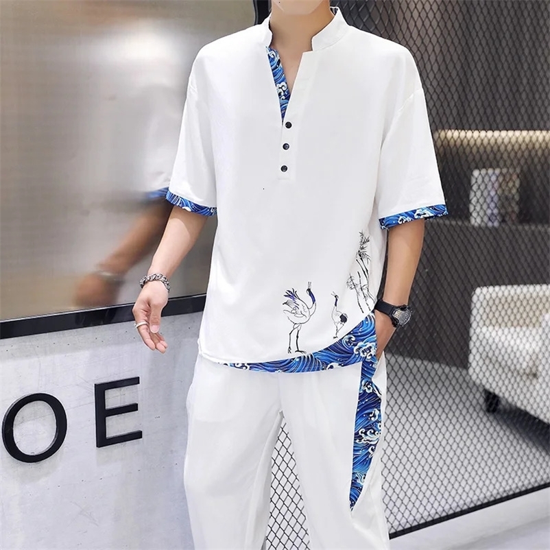 Shirts Pants autumn 100% Cotton linen Sportswear Mens Casual Sets spring Male Fashion trousers and shirts men 240530
