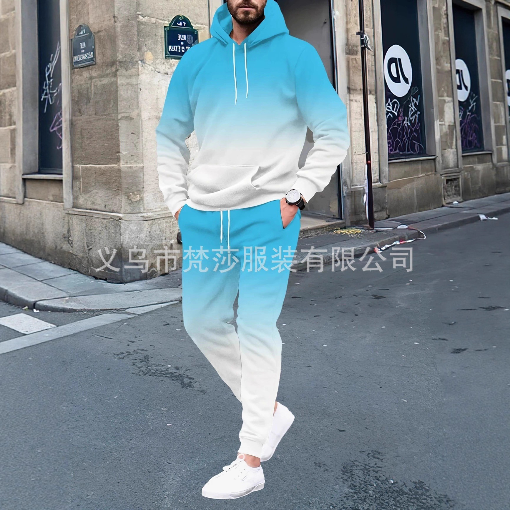 Hot-selling Men's Versatile Gradient Color 3D Digital Print Hoodie Set Breathable and Comfortable
