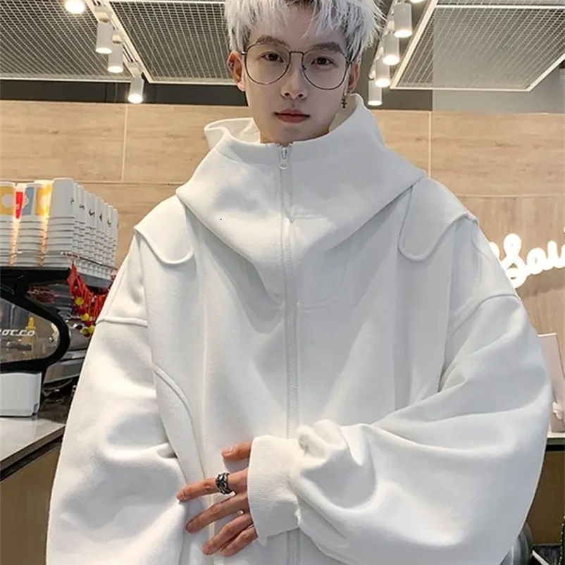 White cardigan wool sweater mens spring and autumn high-end handheld heavy-duty young loose hooded jacket Y2K top 240927