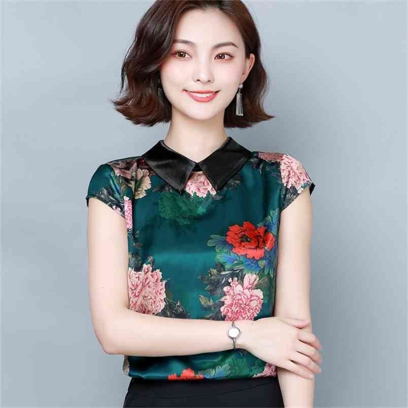 Korean Silk Women Blouses Woman Satin Print Shirt Ladies Peony Floral Top Plus Size Blusas Mujer De Moda 210531