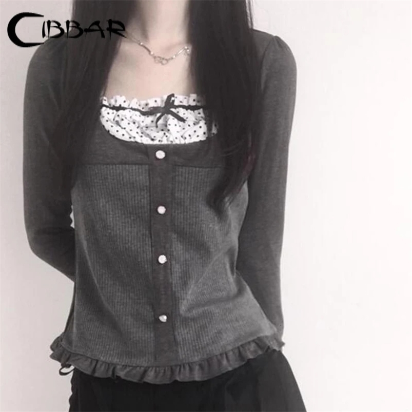 CIBBAR Vintage Bow Stitched Knitted T-shirt Cute Ruched Patchwork Sweet y2k Crop Top for Women Autumn Fairycore Casual T Shirts 250207