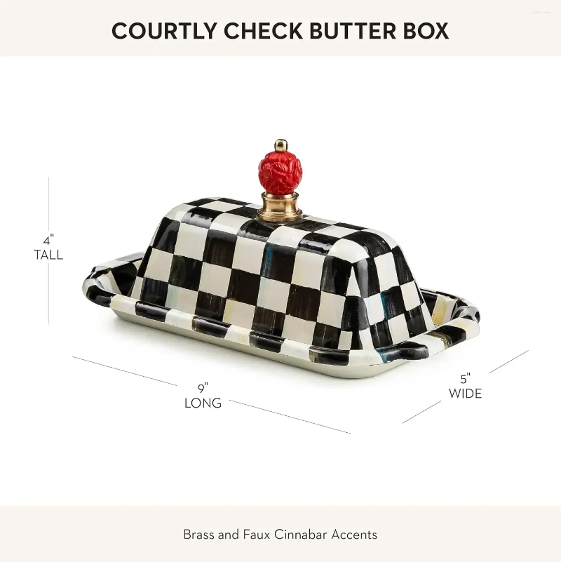 Plates XMSJ-Enamel Butter Box Cute Lidded Enamel Dish Black-and-White Courtly Check