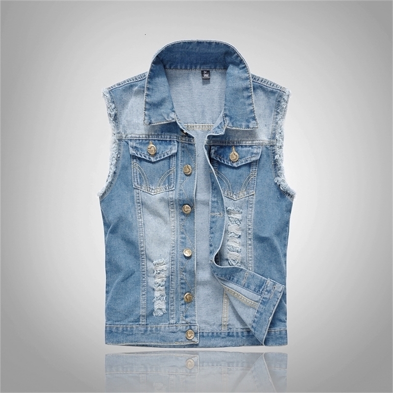 Men's Vests Men Denim Vest Men's Jacket Sleeveless Casual Waistcoat Men Spring Jean Coat Ripped Slim Fit Male Jacket Cowboy Gilet Homme 6XL 
