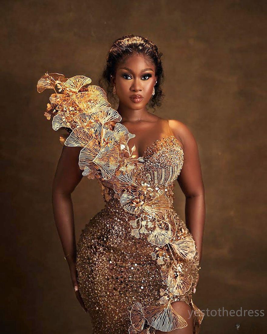 2025 Gold Plus Size Aso Ebi Prom Dresses For Black Women Evening Gowns Sequined Lace Mermaid Sexy Side Split Birthday Party Dress Reception Engagement