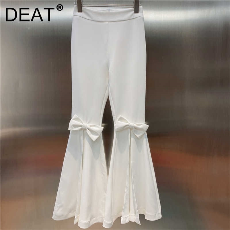 DEAT Women High Waist Elasticity Split Bow Flare Pants Arrivals Temperamnet Fashion All Match Spring Summer 11D989 210709