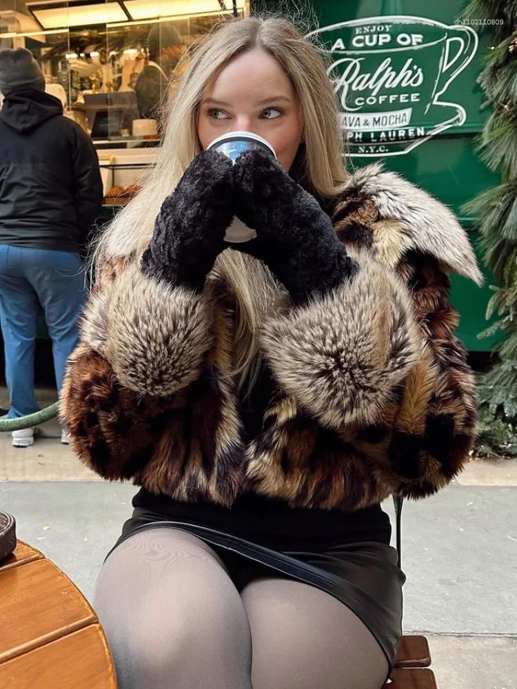 Women's Down 2025 Winter Animal Leopard Print Faux Fur Jacket For Women Luxury Y2K Long Sleeve Warmth Coats Lady High Street Chic Outerwear