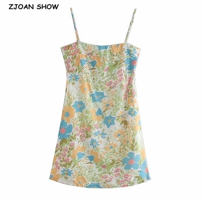 Vintage France Summer Floral Print Spaghetti Strap Short Dress Retro Sexy Women Sling Dresses Holiday 210429