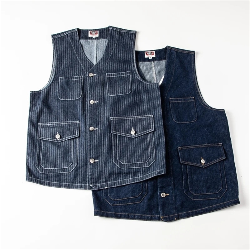 Buckle Back Retro Denim Vest Mens Multi Pockets Workwear Sleeveless Jacket Y2k Youth Male Striped Blue Camisole Top Vintage 240704