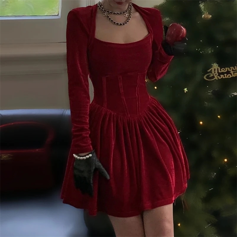 WannaThis Velvet Square Corset A Line Women Formal Dress Bodycon Long Sleeve Year Elegant Autumn Party Sexy Lady Mini Dress 240106