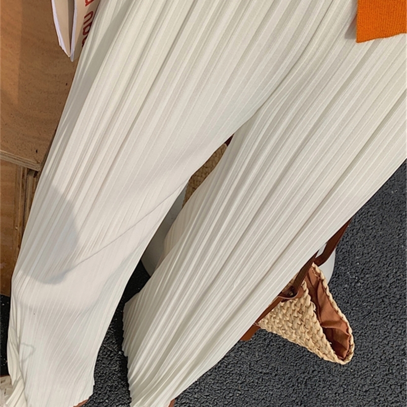 Women's Pants Capris Pleated Wide Leg Summer Elegant High Waist Knitted Female Straight Casual Loose Chic Trouses 221122