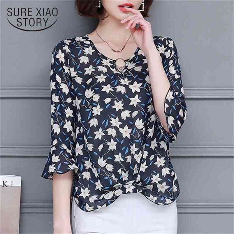 Spring Summer Fashion Casual Chiffon Women Blouses Shirt Lady Printed Floral Loose Female Clothing Tops Blusas 0042 30 210506