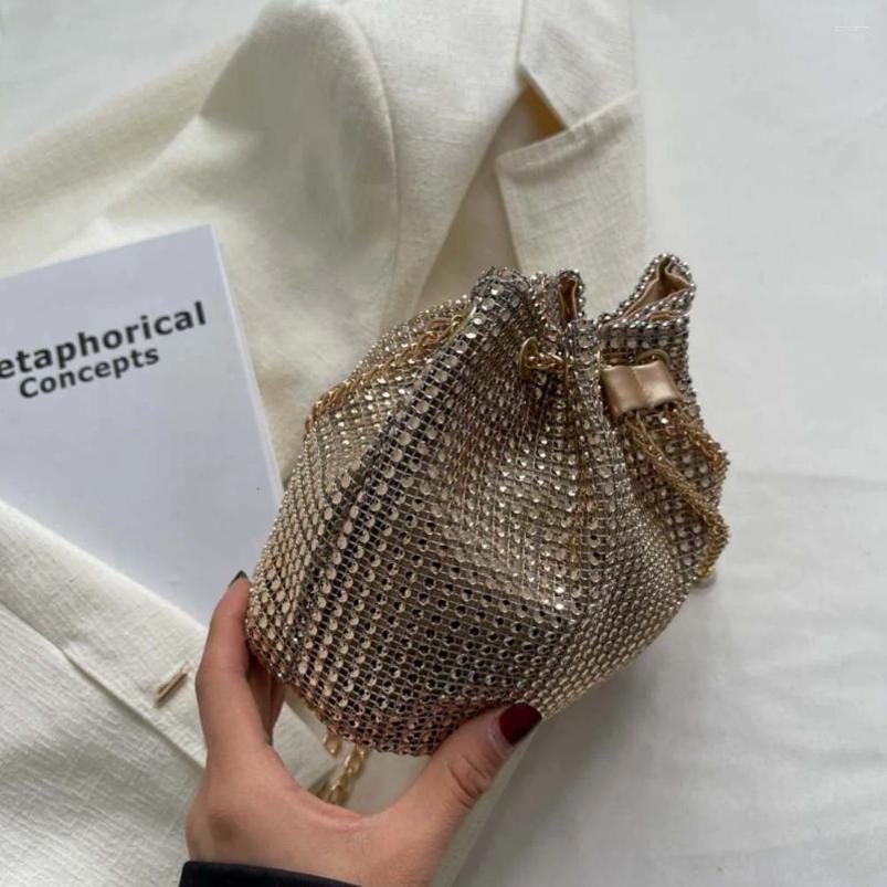 Shoulder Bags Women Chain Crossbody Bag Solid Color Rhinestone Glittering Satchel Drawstring Shinny Sling Purse Dinner Party 240729