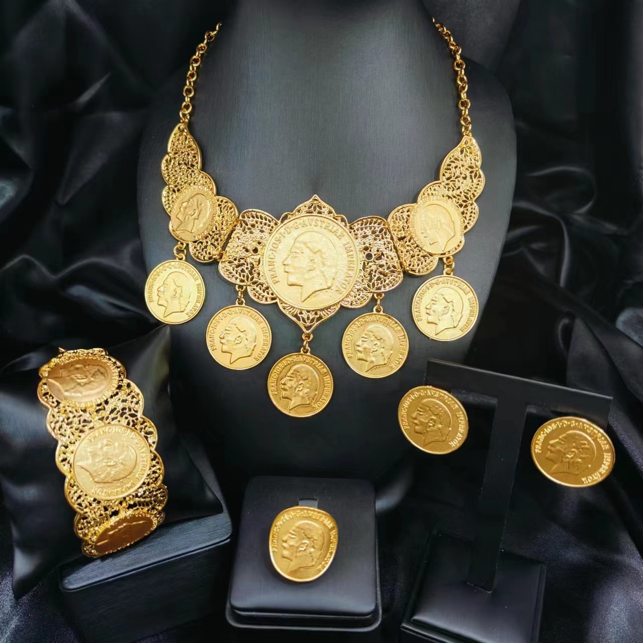 ANIID ly ed Dubai gold coin necklace bracelet jewelry set African Ethiopian bride wedding gift241105