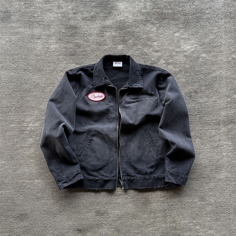 Retro Street y Zipper Jacket Classic Black Patch Fashion Casual Durable Cotton Fabric Daily Wear 250409