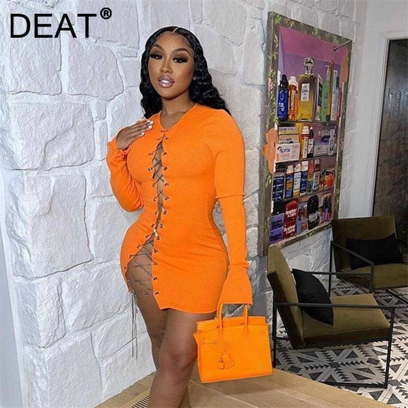 DEAT Women Spring Autumn Arrivals Solid Color Long Sleve Round Collar Sexy Fashion Drawstring Dress MZ868 210709