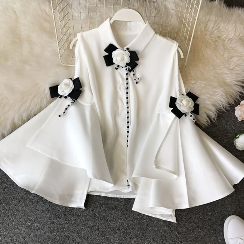 Women's Blouses Shirts Spring Summer Vintage Lapel Strapless Big Flare sleeve Long sleeve Slim Chiffon Shirt 3D Flower Deco Blouse Women 220826