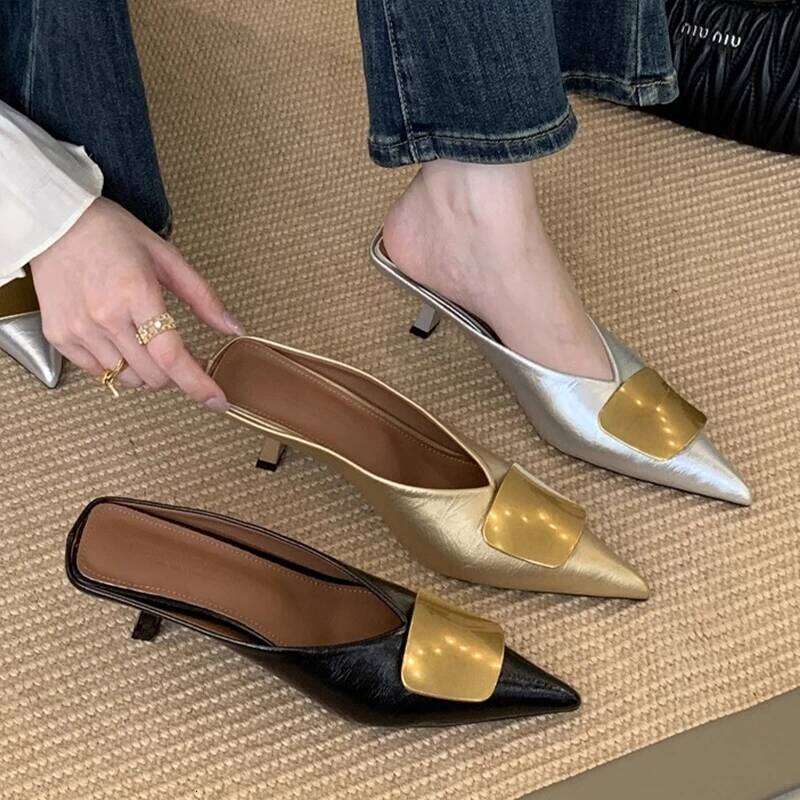 Women Slippers High Heels Mules Shoes Pointed Toe Heeled Sandals Elegant Party Slides 2025 Summer Designer Mujer Zaoatos