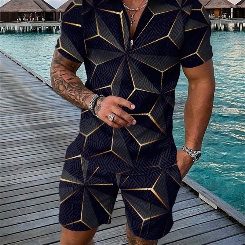 Men's Tracksuits Men's Polo Set Summer Men's Set Printed Short Sleeve Zippered Polo Shirt and Shorts Set Men's Casual Street Cloth
