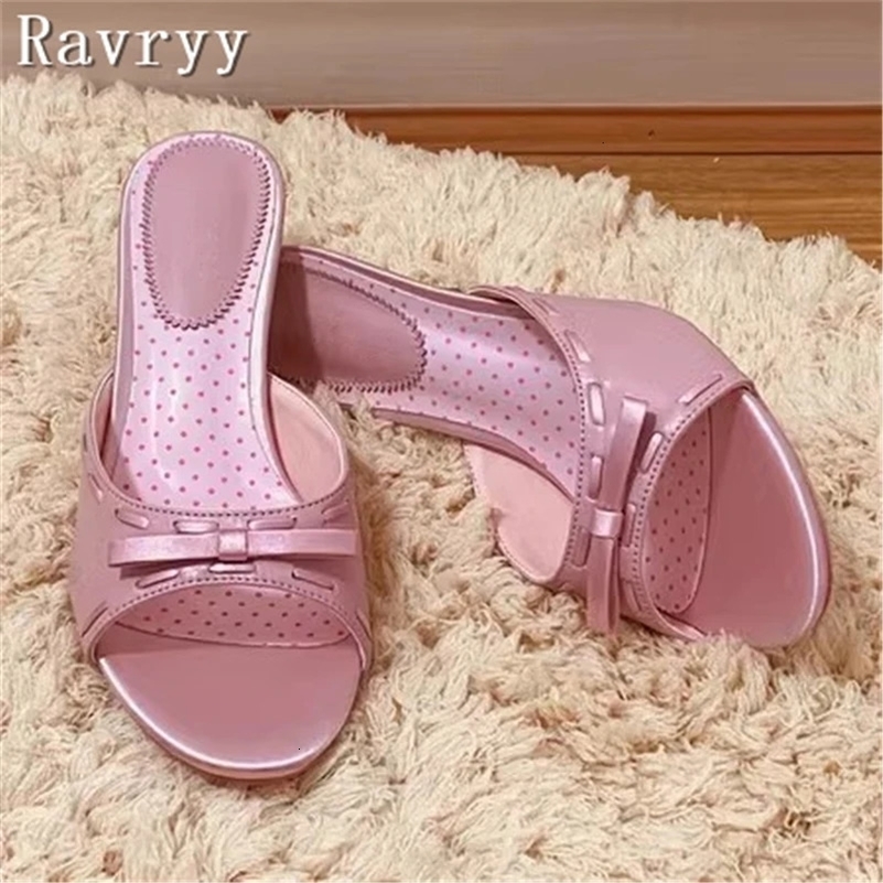Sweet Pink Butterfly Knot Slippers Women Summer Open Toe Kitten Heels Sandals Girls Dress Party Casual Shoes 240712