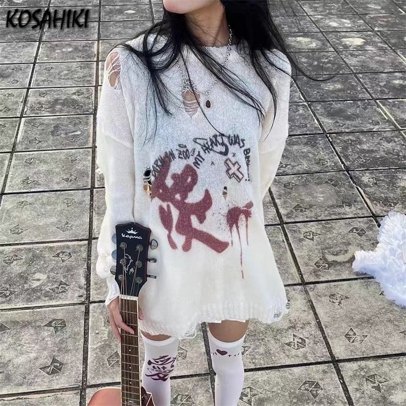 Women's Sweaters KOSAHIKI Punk Thin Ripped Hole Sweater Women Hollow Out Y2k Knitted Pullover Spring Casual Loose Tops Harajuku Print Jumper 2308