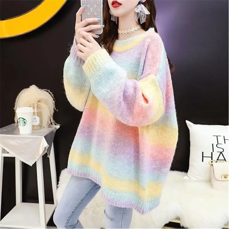 Autumn Winter Women Sweater Rainbow Sweaters Tie Dye Pullover O-Neck Long Loose Striped Female Knit Top Wear 240912