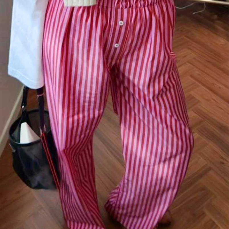 Women Y2k Stripe Print Long Pants High Elastic Waist Casual Loose Fit Wide Leg Red Pajama Pants with Pockets 2000s Streetwear 240829