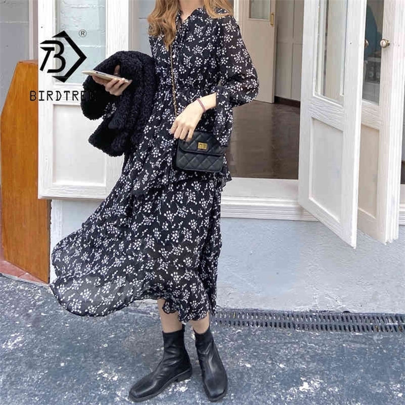 Spring French Style Vintage High Waist Loose Floral Dresses Lady V Neck Ruffle Sleeve Casual Chic Long Dress Women D12701X 210416