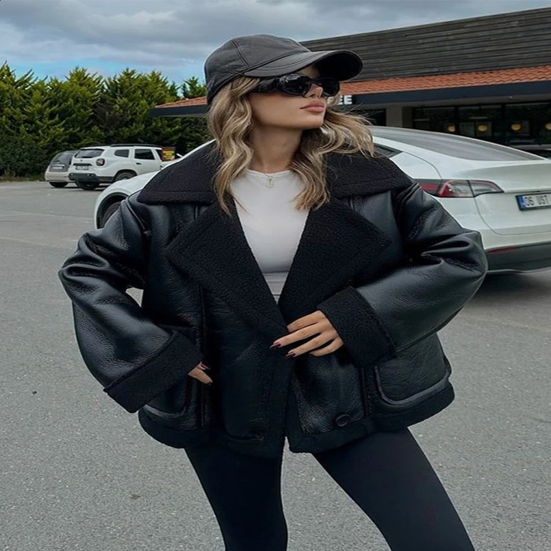 Lamb Wool PU Leather Coat Women Patchwork Lapel Solid Button Thicken Warm Lady Jacket Winter Vintage Loose Female Outwear 241217