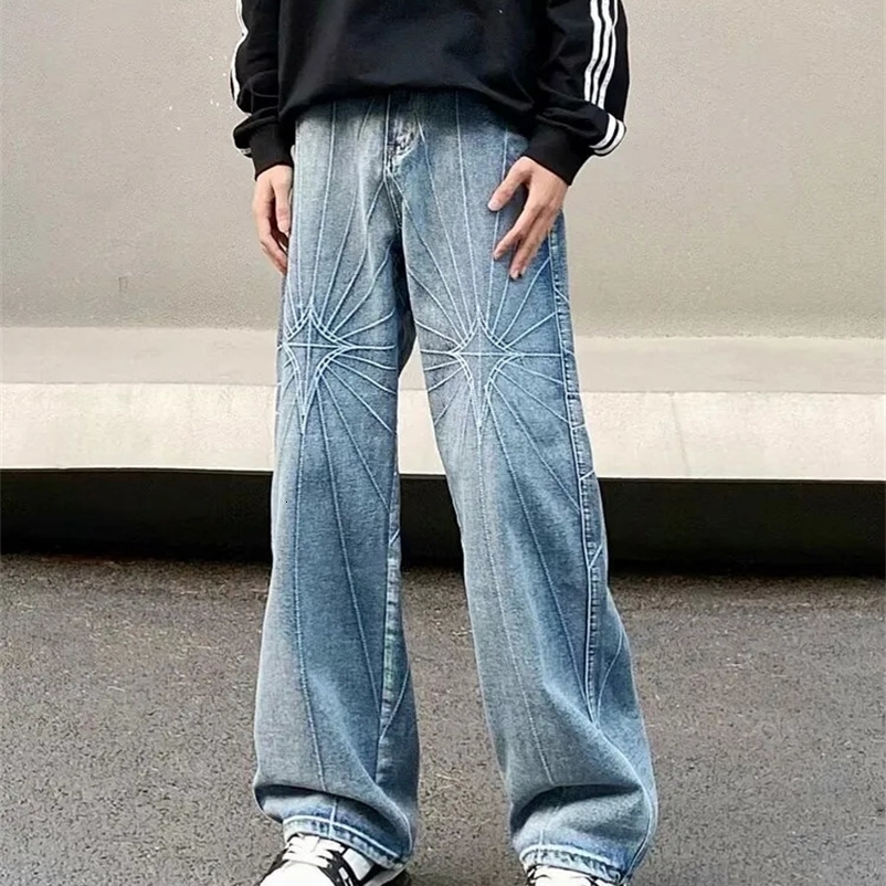 Ropa Y2K Streetwear Web Embroidery Baggy Stacked Jeans Pants For Men Clothes Washed Blue Gothic Punk Denim Trousers 240912