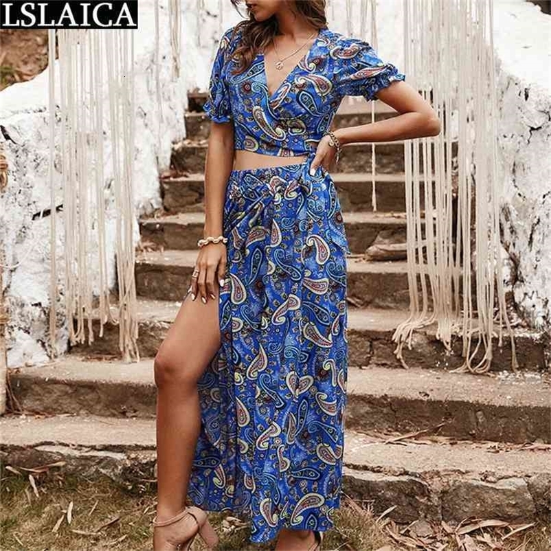 Women Sets Clothes Short Sleeve Top&long Skirt Print Vintage Fashion Elegant 2 Piece Streetwear Outwear Two Summer 210515