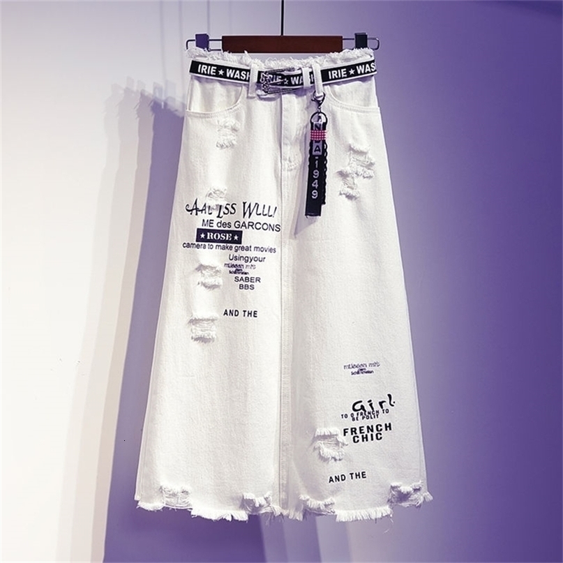 Women skirt White Denim Long skirts Letter print Korean style Fashion Hole Oversize Plus size female skirts 220701