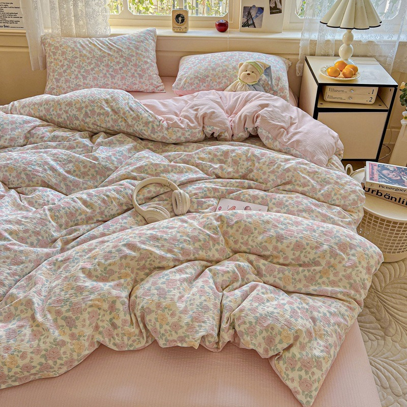 A-class mother and baby grade small fresh small bamboo cotton four piece set, washed cotton bed sheets, duvet covers, bedsheets, student dormitory thr