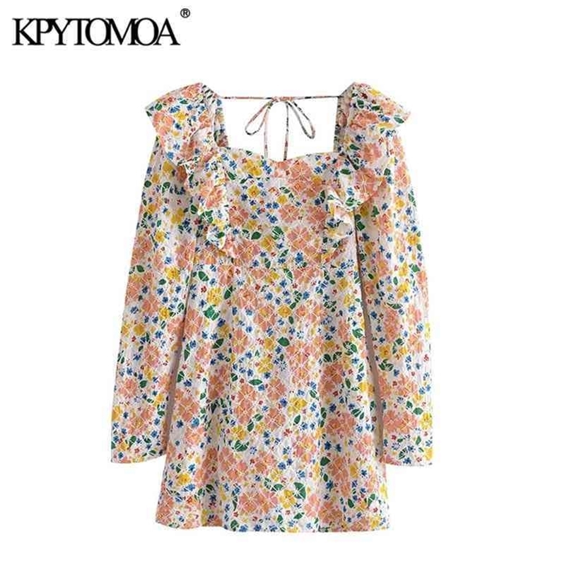 Women Chic Fashion With Ruffled Floral Print Mini Dress Long Sleeve Side Zipper Female Dresses Mujer 210420