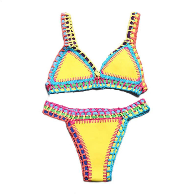 Bikini Crochet Handmade Knit Patchwork Reversible 2 Piece Swimsuit Women Halter Top Brazilian Bathing Suit Thong Swimwear 240813