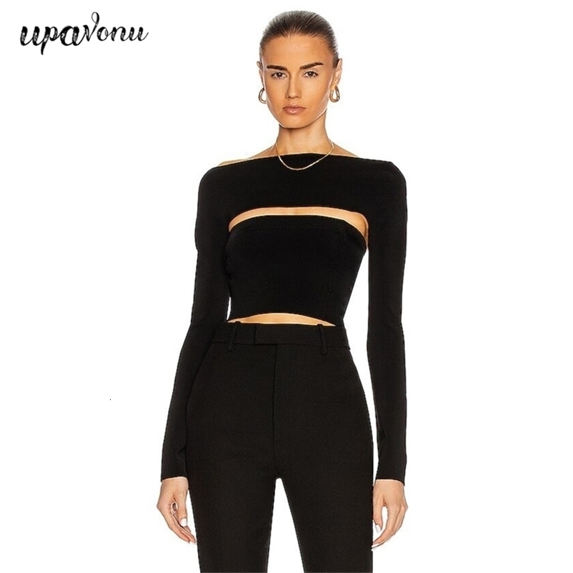 Free Sexy Hedging Bandage Tops Women's Shoulder Long Sleeve Bodycon Hollow Short Club Party 210524