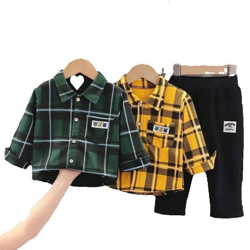 Autumn Newborn Clothes: Plaid Toddler Outfit - Stylish Long Sleeve Shirt and Pants Set for Boys, Perfect Spring/Autumn Two-Piece Suit