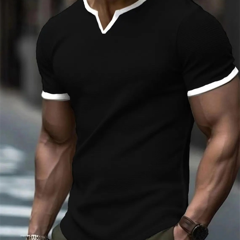 Mens T-shirt V-neck waffle solid color short sleeved loose top mens solid color patch work casual ultra-thin T-shirt 250402