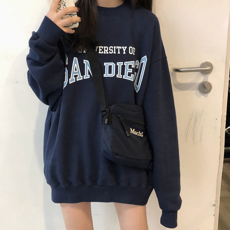 2 colors autumn and winter korean style print o neck loose pullovers womens thick warm sweatshirts womens (X1650) 210423
