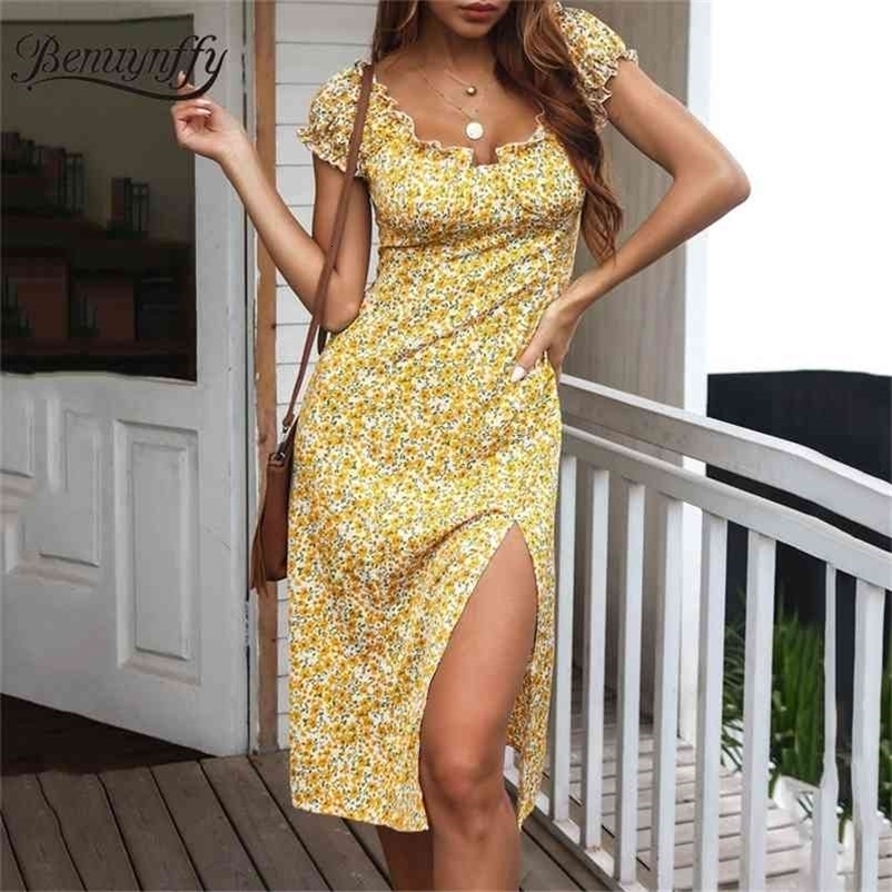 Slash neck Frill Trim Off The Shoulder Dresses Women Summer Boho Casual Floral Print Split Knee Length Dress 210510
