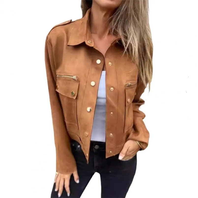 Autumn Spring Suede Jacket Womens Cargo Zipper Collar Artificial Buckle Leather Deer Velvet Outdoor Coat 241031