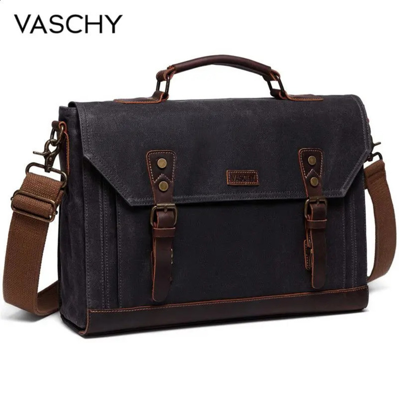 VASCHY canvas messenger bag for men vintage leather batik briefcase 173inch laptop office 240810