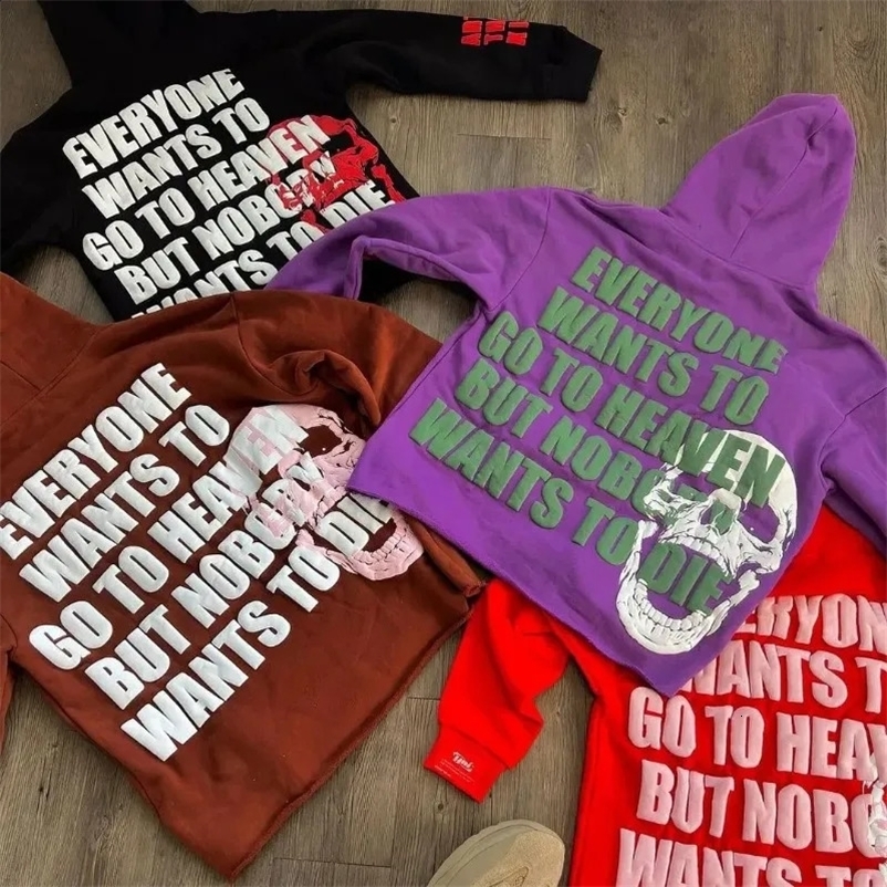 Y2K Harajuku Style Fashion Letters Skull Print Sweater Hoodie Men High Street Vintage Hip Hop Casual Sports Hoodies 240912