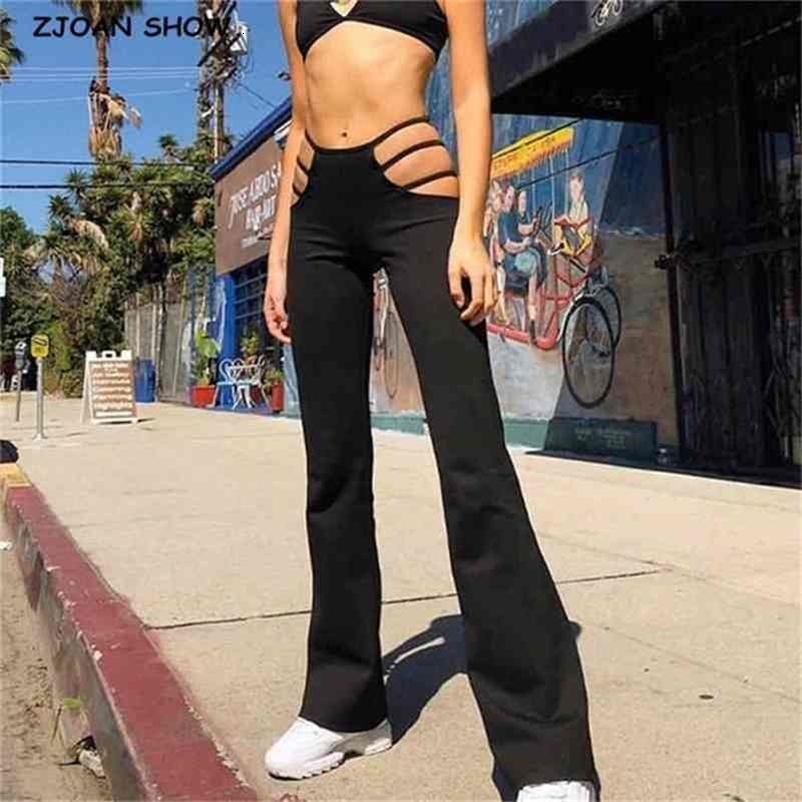 Y2K Street Clubwear Fashion Hollow Out side Waist Fitness High Pants Women Sexy Bandage Full length Trousers black 210429