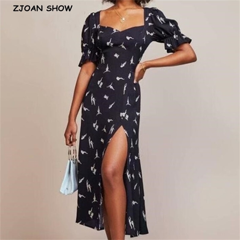 Summer Navy Retro Puff Sleeve Person Print Dress for Woman Square Collar Hem Slit Midi Dresses Holiday 210429