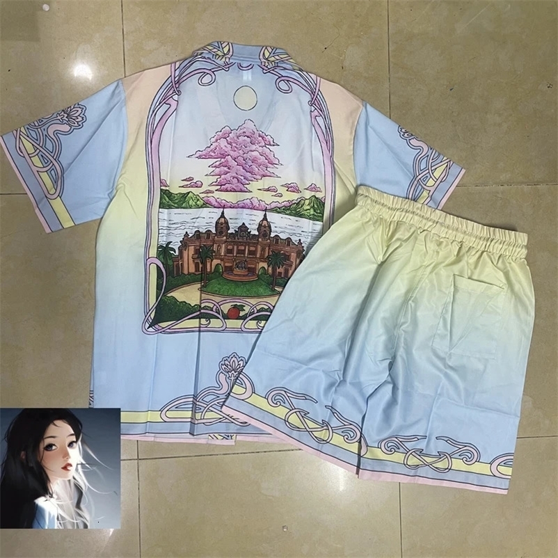 Pink Cloud Garden Print Shorts Shirt Set High Quality Men Women Summer Hawaii Beach Seaside Holiday Surf Suit 240518