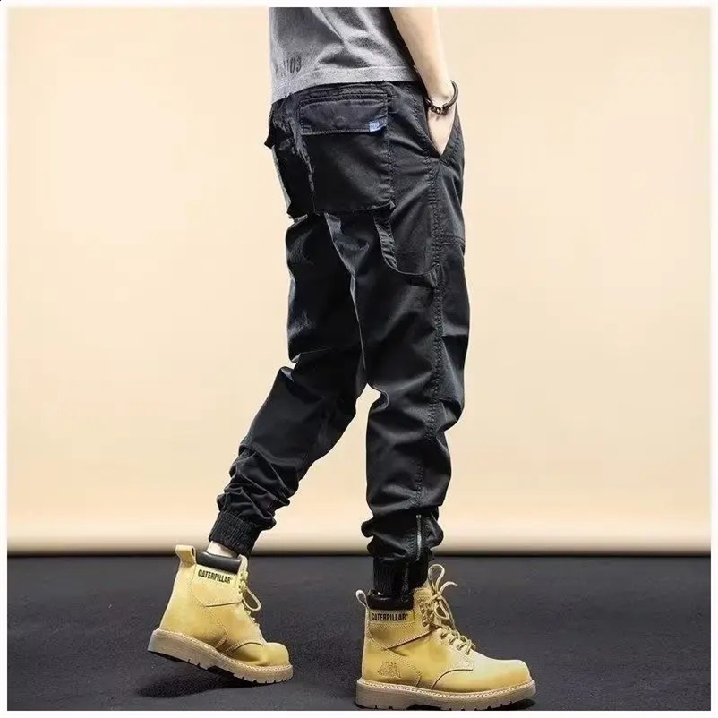 Spring Autumn Fashion Solid Color Multiple Pockets Cargo Pants Man Classic Waist Drawcord Youth Trend Male Trousers 240812