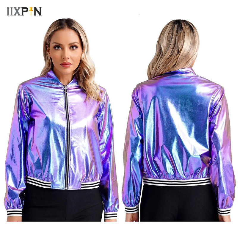 Womens Baseball Jacket Spring Autumn Holographic Metallic Shiny Bomber Jacket Coat Long Sleeve Zipper Striped Band Outerwear 250116