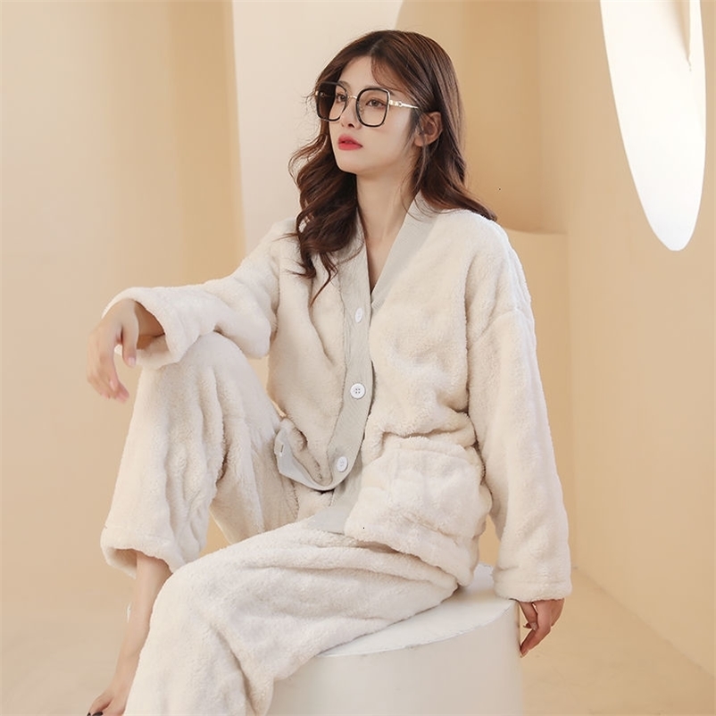 Women's Sleepwear Solid Pajamas Set Winter Coral Fleece Sleeve Buttons Leisure Senior Warm Sleepwear Thick Velvet Homewear Home Long Sleeve 23030