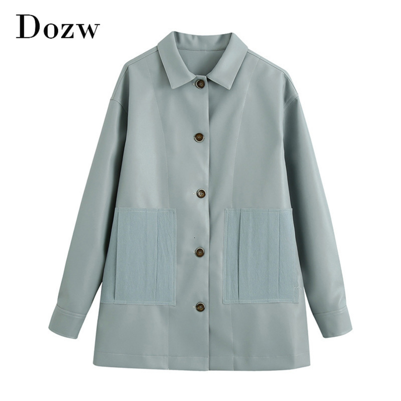 Solid Fashion PU Faux Leather Shirt Jacket Women Turn Down Collar Loose Coat Female Long Sleeve Streetwear Jackets 210414